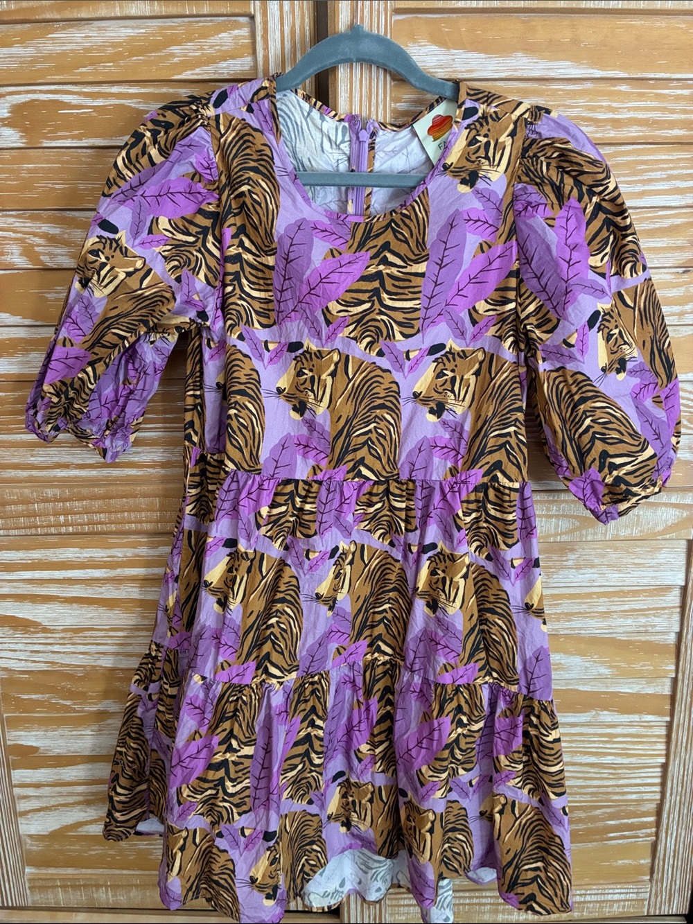 FARM Rio Tiger-Print Tiered Dress with Puff Sleeves
